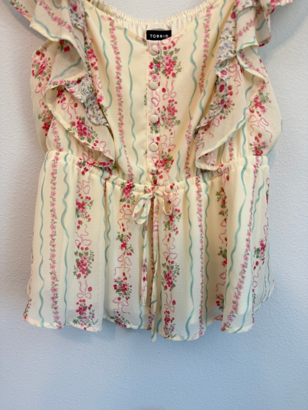 Torrid Ruffle Cinched Blouse Cream Floral Peplum Top - Picture 6 of 13